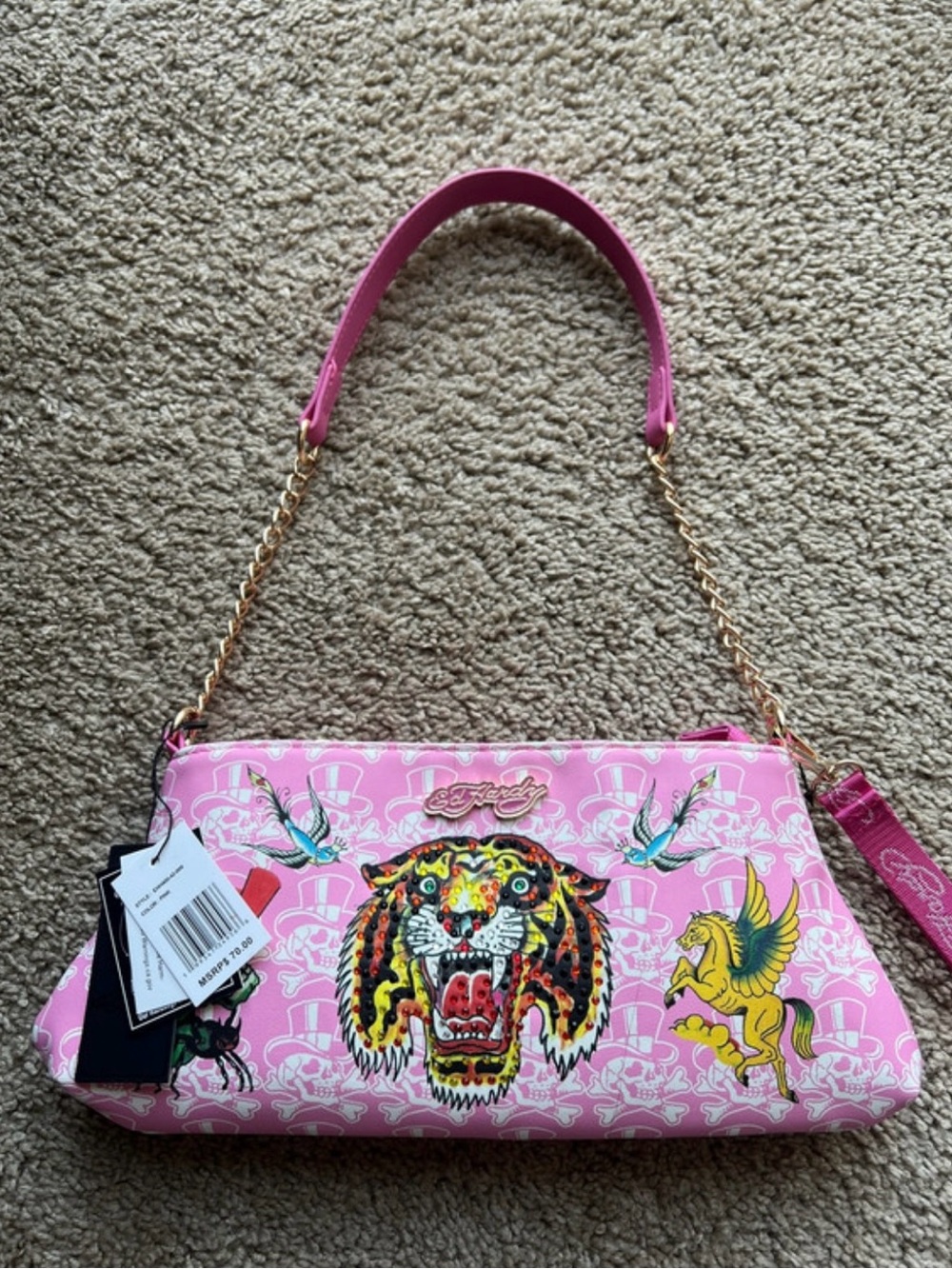 Ed Hardy Pink Graphic Tiger & Pegasus Shoulder Bag